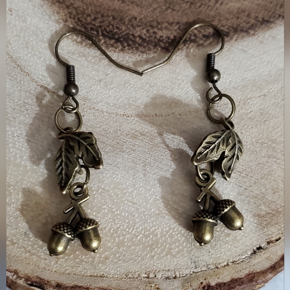 Acorn earrings leafs bronze handmade NEW fall autumn Thanksgiving gift vtg style - Picture 10 of 14